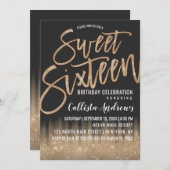 Moderne Schwarze Glitzer Typografie Sweet 16 Einladung (Vorne/Hinten)