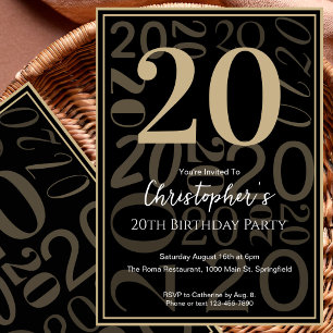 Moderne schwarze Gold 20. Geburtstagseinladung für Einladung
