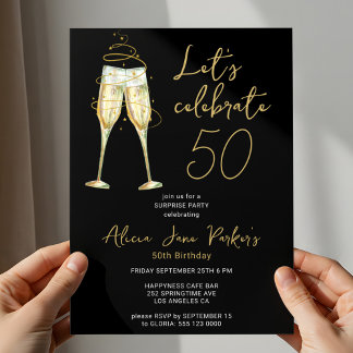 Moderne schwarze Gold 50. Geburtstagsparty Einladung