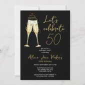 Moderne schwarze Gold 50. Geburtstagsparty Einladung (Vorderseite)