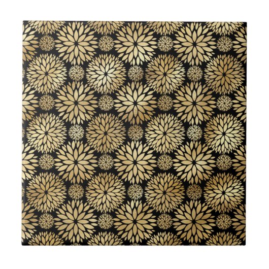 Moderne Schwarze Gold Dahlia Illustration Fliese (Vorderseite)
