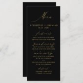 Moderne Schwarze Gold Elegante Script Hochzeit Menükarte (Vorne/Hinten)