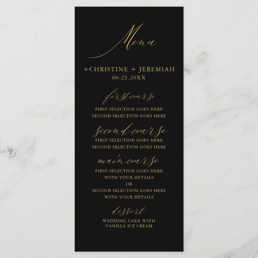 Moderne Schwarze Gold Elegante Script Hochzeit Menükarte (Vorderseite)