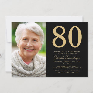 Moderne schwarze Gold-Foto 80. Geburtstag Einladung