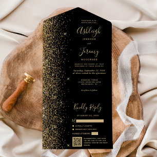 Moderne schwarze Gold Glitter QR-Code Hochzeit All In One Einladung