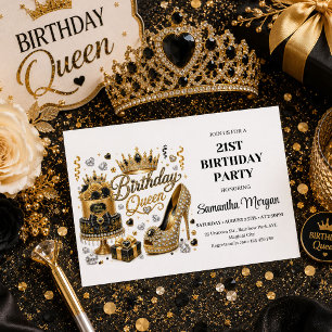 Moderne schwarze Gold-Konfetti-Birthday-Queen-Einl Einladung