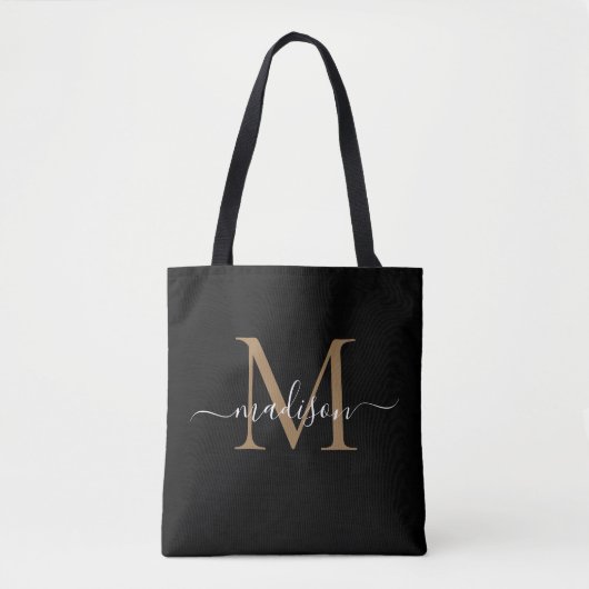Moderne Schwarze Gold Monogram Girly Feminine Scri Tasche (Vorderseite)