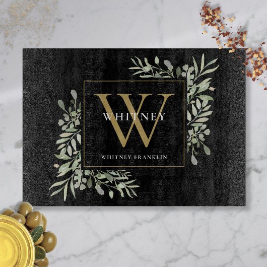 Moderne Schwarze Gold Monogram Moderne Vegetation Schneidebrett