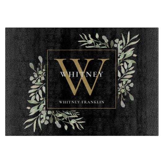 Moderne Schwarze Gold Monogram Moderne Vegetation Schneidebrett (Vorderseite)