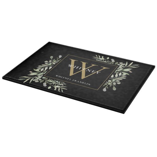 Moderne Schwarze Gold Monogram Moderne Vegetation Schneidebrett (Ecke)