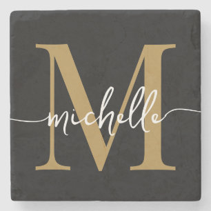 Moderne schwarze Gold-Monogramm-Name elegante Schr Steinuntersetzer