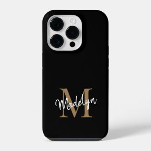 Moderne schwarze Gold-Monogramm-Schrift Damenname iPhone 14 Pro Hülle