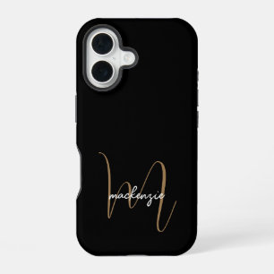 Moderne schwarze Gold-Monogramm-Weibliche Schrift iPhone 16 Hülle