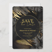 Moderne schwarze Gold tropische Hochzeit retten da Einladung (Vorderseite)