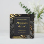 Moderne schwarze Gold tropische Hochzeit rettet di Einladung (Stehend Vorderseite)