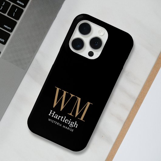 Moderne schwarze Gold weiße Monogramm Name Case-Mate iPhone Hülle