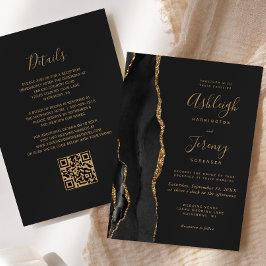 Moderne schwarze Goldachat-Dunkle QR-Code-Hochzeit Einladung