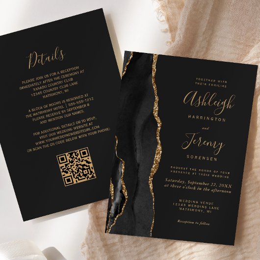Moderne schwarze Goldachat-Dunkle QR-Code-Hochzeit Einladung