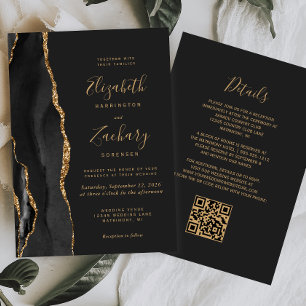 Moderne Schwarze Goldachat Dunkle QR-Code-Hochzeit Einladung