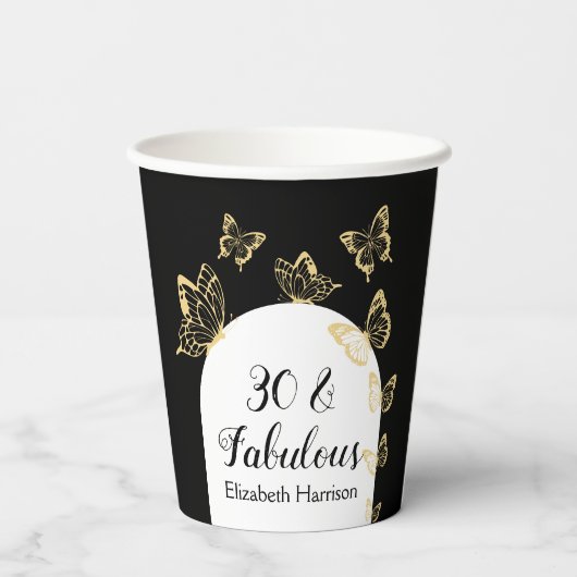 Moderne Schwarze Goldbarren Schmetterlinge fabelha Pappbecher (Rückseite)