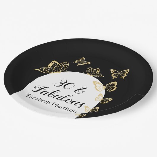 Moderne Schwarze Goldbarren Schmetterlinge fabelha Pappteller (Schrägansicht)