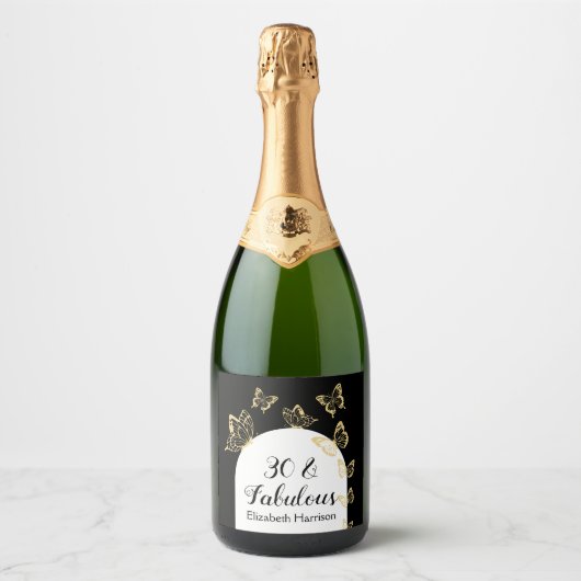 Moderne Schwarze Goldbarren Schmetterlinge fabelha Schaumweinetikett (Vorderseite)