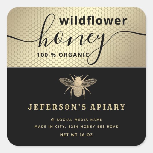 Moderne schwarze Goldbiene Drehbuch Honey jar Clas Quadratischer Aufkleber (Vorderseite)