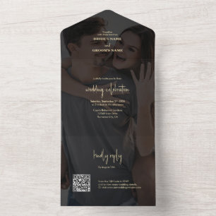 Moderne schwarze goldene Foto-Overlay-Hochzeit All In One Einladung