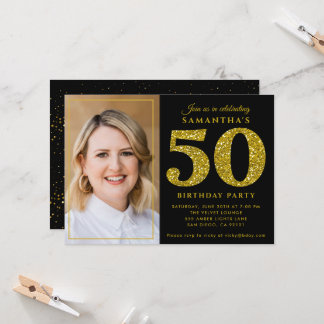 Moderne schwarze goldene Glitter 50. Geburtstagsfo Einladung