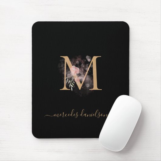 Moderne schwarze goldene Rosa Blumenmonogramm Mousepad (Mit Mouse)