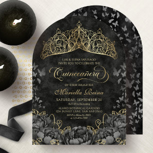 Moderne schwarze goldene Tiara-Krone Quinceanera Einladung