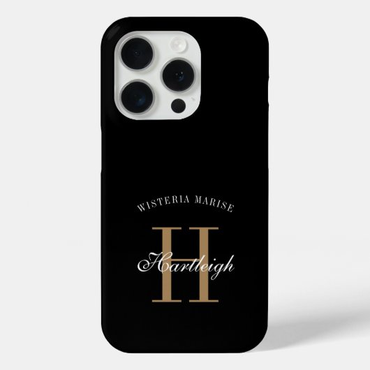 Moderne schwarze goldene weiße Monogramm-Name Case-Mate iPhone Hülle (Rückseite)