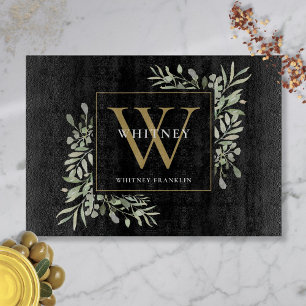 Moderne schwarze Goldmonogramm Moderne Grünpflanze Schneidebrett