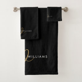 Moderne schwarze Goldschrift-Monogramm Badhandtuch Set