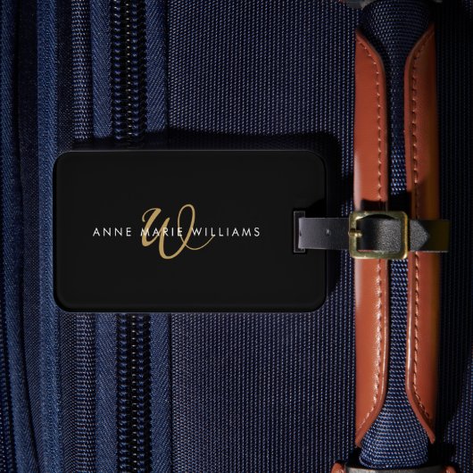 Moderne schwarze Goldschrift-Monogramm Gepäckanhänger (Vorderseite Insitu 4)