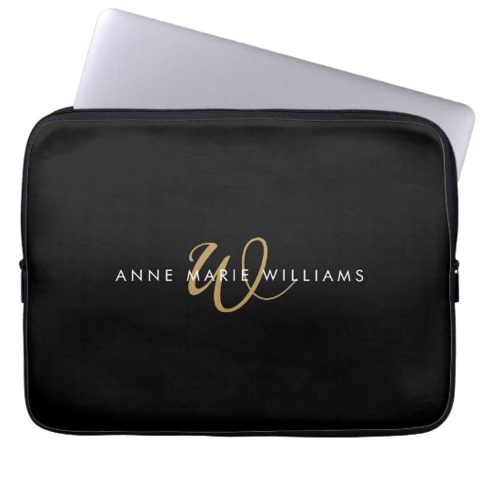 Moderne schwarze Goldschrift-Monogramm Laptopschutzhülle (Vorderseite)