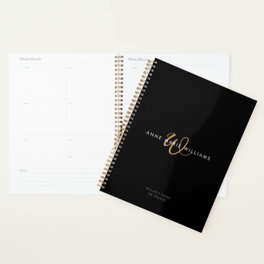 Moderne schwarze Goldschrift-Monogramm Planer (Anzeige)