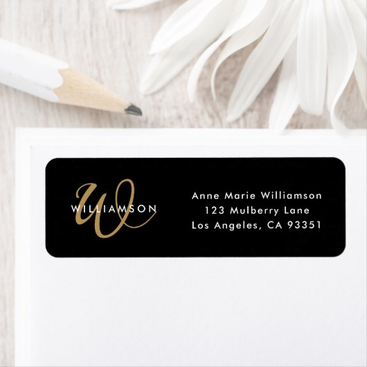 Moderne schwarze Goldschrift Monogramm-Rücksendead (Insitu)