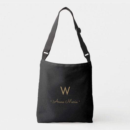 Moderne schwarze Goldschrift-Monogramm Tragetaschen Mit Langen Trägern (Vorderseite)