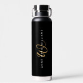 Moderne schwarze Goldschrift-Monogramm Trinkflasche (Rückseite)