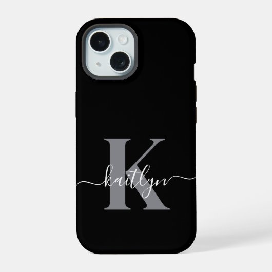 Moderne schwarze graue Skript-Monogramm iPhone 15 Hülle (Rückseite)
