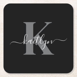 Moderne schwarze graue Skript-Monogramm Rechteckiger Pappuntersetzer