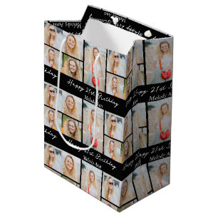 Moderne schwarze Happy Birthday Fotocollage Mittlere Geschenktüte