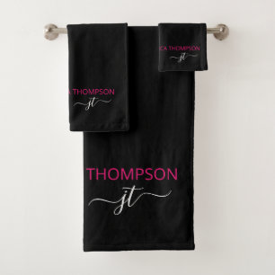 Moderne schwarze heiße rosa einfache Schrift Monog Badhandtuch Set