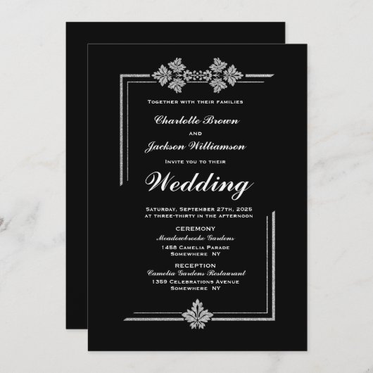 Moderne Schwarze Hochzeit Einladung (Vorne/Hinten)