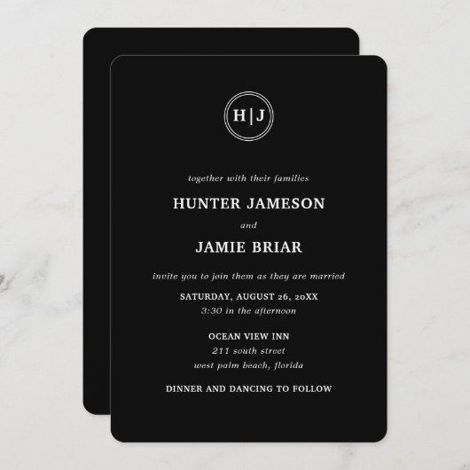 Moderne Schwarze Hochzeit Einladung (Vorne/Hinten)