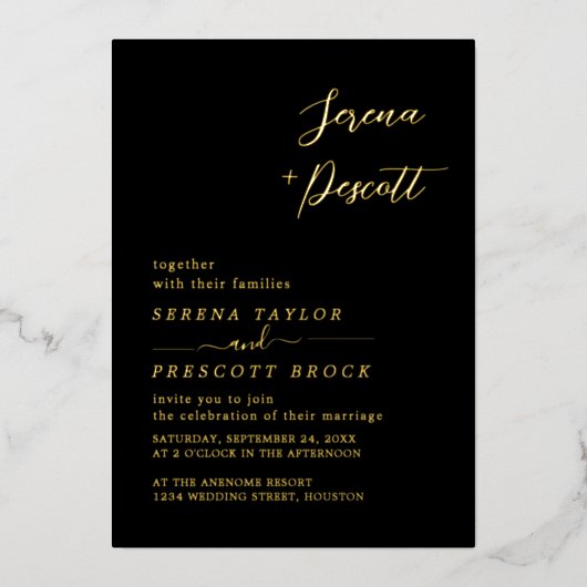 Moderne Schwarze Hochzeit Folieneinladung (Vorderseite)