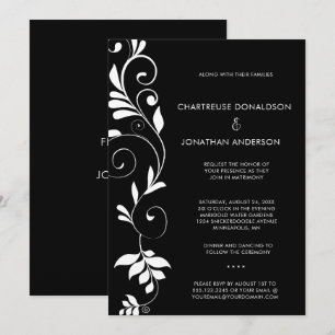 Moderne schwarze Hochzeit mit weißen botanischen R Ankündigung