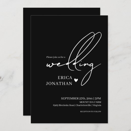 Moderne Schwarze Hochzeit mit weißer Schrift Einladung (Vorne/Hinten)