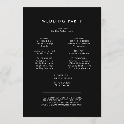 Moderne, schwarze Hochzeit zweiseitig Programm (Rückseite)